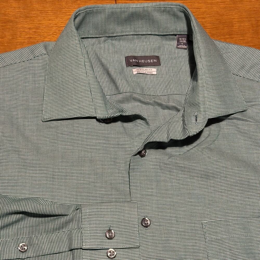 Van Heusen Wrinkle Free Dress Shirt Men’s 16.5 34/35 L Regular Fit Green Stretch